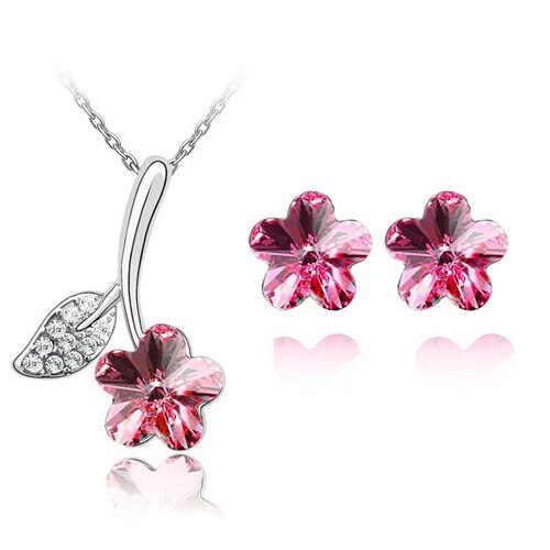 Austrian Crystal Flower Necklace & Earrings Fashion Jewelry Set-Jewelry Sets-Innovato Design-Dark Pink-Innovato Design