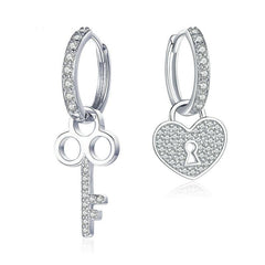 Cubic Zirconia Heart Shape Lock and Key 925 Sterling Silver Classic Wedding Drop Earrings-Earrings-Innovato Design-Innovato Design