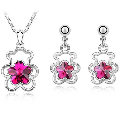 Crystal Flower Bear Necklace & Earrings Fashion Jewelry Set-Jewelry Sets-Innovato Design-Rose-Innovato Design
