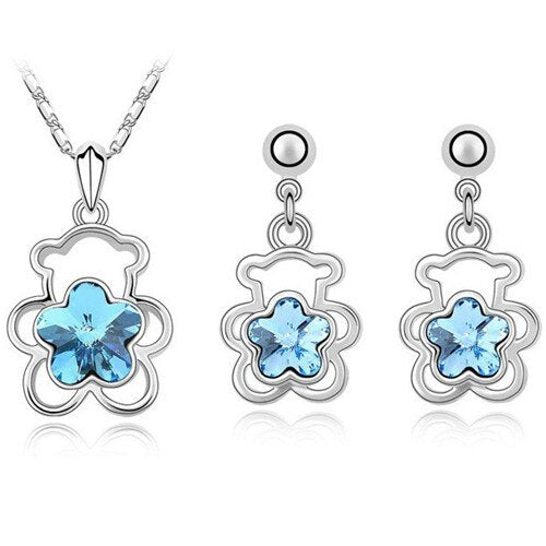 Crystal Flower Bear Necklace & Earrings Fashion Jewelry Set-Jewelry Sets-Innovato Design-Ocean Blue-Innovato Design