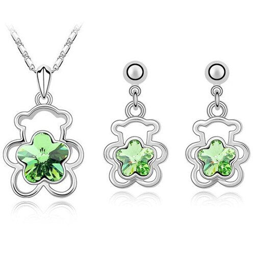 Crystal Flower Bear Necklace & Earrings Fashion Jewelry Set-Jewelry Sets-Innovato Design-Green-Innovato Design