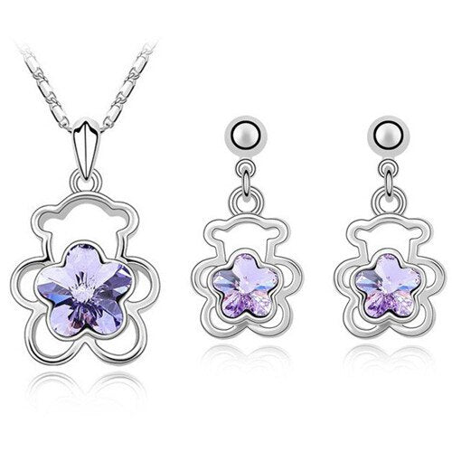 Crystal Flower Bear Necklace & Earrings Fashion Jewelry Set-Jewelry Sets-Innovato Design-Violet-Innovato Design