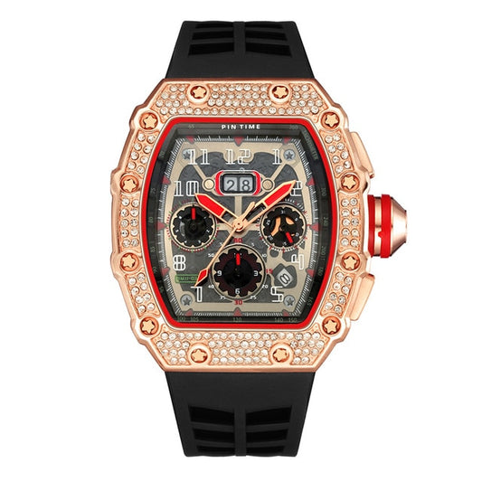 Cool Sports and Military Diamond-Studded Chronograph Silicone Band Fashion Hip-hop Quartz Watch