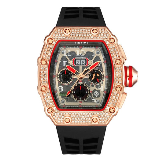 Cool Sports and Military Diamond-Studded Chronograph Silicone Band Fashion Hip-hop Quartz Watch-Watches-Innovato Design-Rose Black-Innovato Design