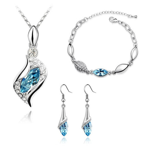 Hawk Eyes Austrian Crystal Necklace, Bracelet & Earrings Fashion Jewelry Set-Jewelry Sets-Innovato Design-Ocean Blue-Innovato Design