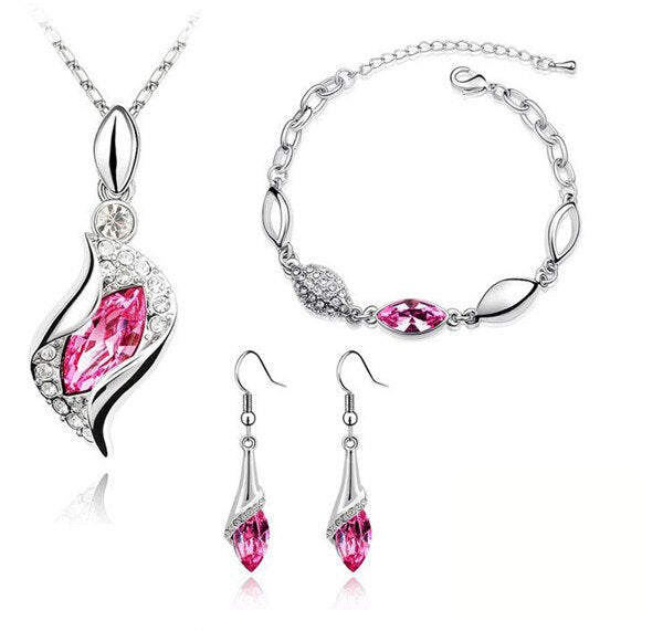 Hawk Eyes Austrian Crystal Necklace, Bracelet & Earrings Fashion Jewelry Set-Jewelry Sets-Innovato Design-Dark Pink-Innovato Design