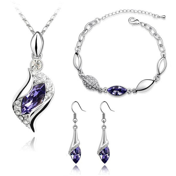 Hawk Eyes Austrian Crystal Necklace, Bracelet & Earrings Fashion Jewelry Set-Jewelry Sets-Innovato Design-Purple-Innovato Design