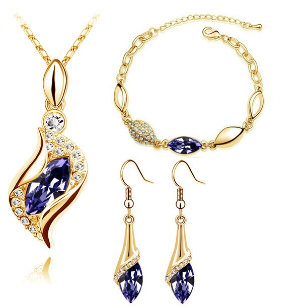 Hawk Eyes Austrian Crystal Necklace, Bracelet & Earrings Fashion Jewelry Set-Jewelry Sets-Innovato Design-Gold Purple-Innovato Design
