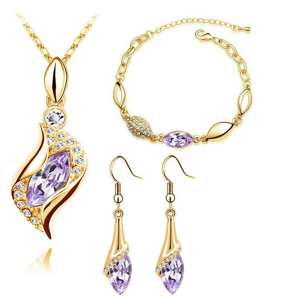 Hawk Eyes Austrian Crystal Necklace, Bracelet & Earrings Fashion Jewelry Set-Jewelry Sets-Innovato Design-Gold Violet-Innovato Design