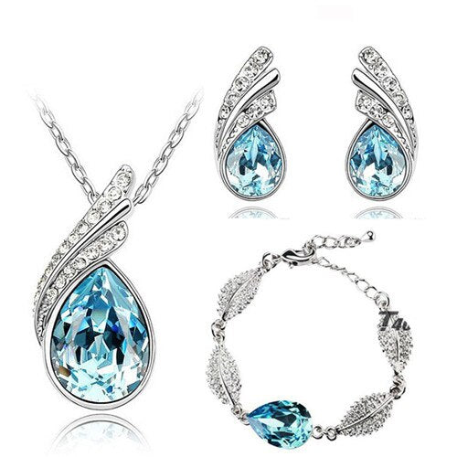 Austrian Crystal Flame Leaf Necklace, Bracelet & Earrings Fashion Jewelry Set-Jewelry Sets-Innovato Design-Gold White-Innovato Design
