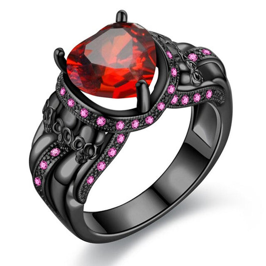 Skull, Heart Crystal and Cubic Zirconia Punk Wedding Ring-Rings-Innovato Design-10-Black Red-Innovato Design