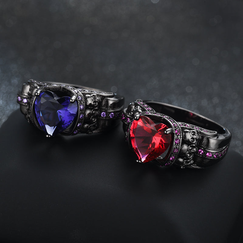 Skull, Heart Crystal and Cubic Zirconia Punk Wedding Ring-Rings-Innovato Design-6-Silver Black-Innovato Design