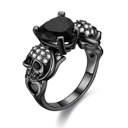 Sugar Skull, Cubic Zirconia and Heart Crystal Punk Wedding Ring-Rings-Innovato Design-10-Black-Innovato Design