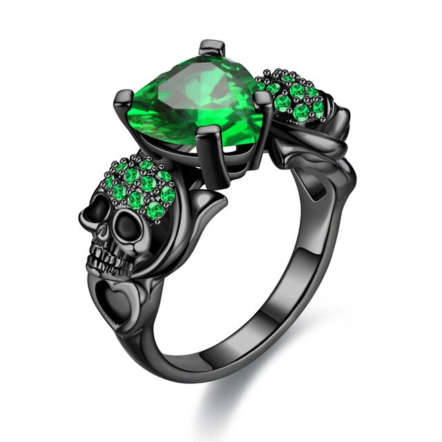 Sugar Skull, Cubic Zirconia and Heart Crystal Punk Wedding Ring-Rings-Innovato Design-10-Green-Innovato Design