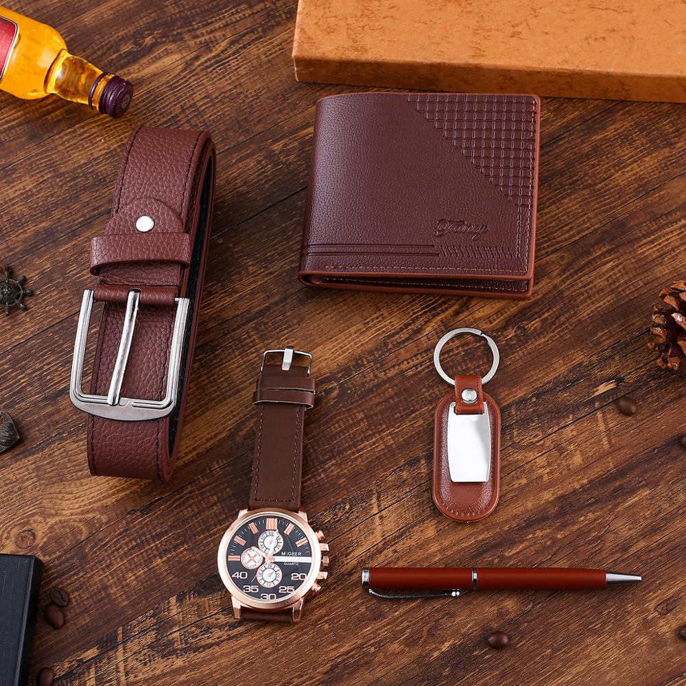 Men PU Leather Band Quartz Watch, Belt, Wallet, Pen, and Keychain Brown Gift Set-Jewelry Sets-Innovato Design-Innovato Design