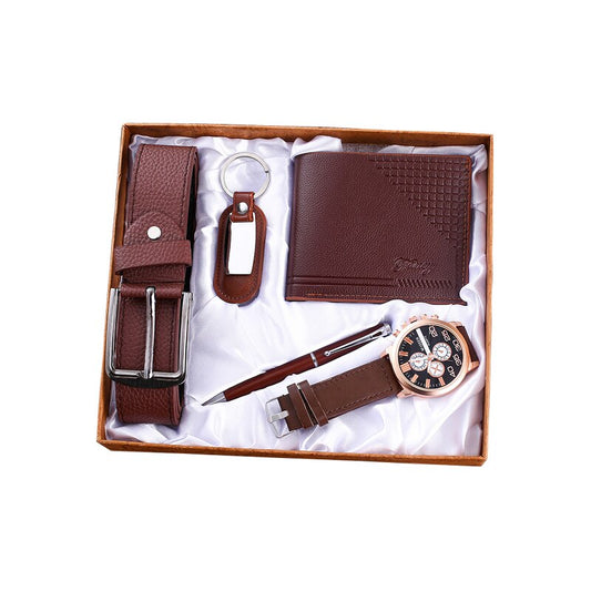 Men PU Leather Band Quartz Watch, Belt, Wallet, Pen, and Keychain Brown Gift Set