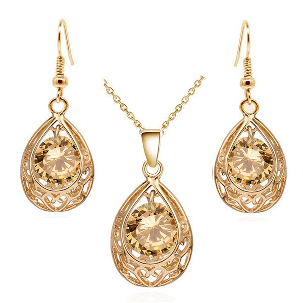 Water Drop Cubic Zirconia Necklace & Earrings Vintage Fashion Jewelry Set