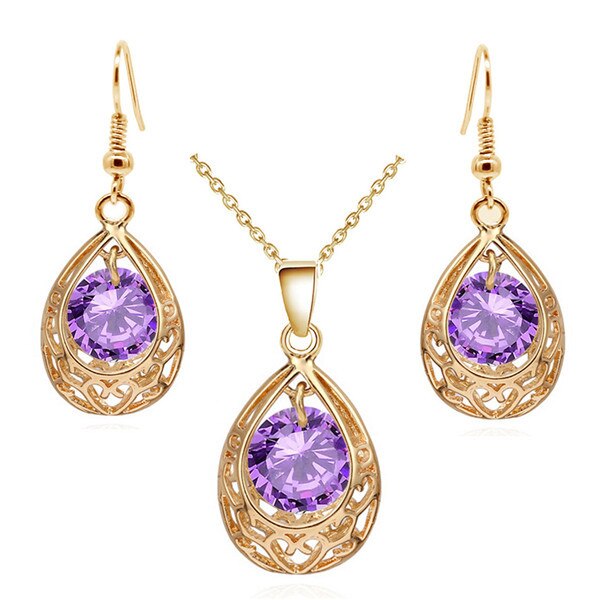 Water Drop Cubic Zirconia Necklace & Earrings Vintage Fashion Jewelry Set-Jewelry Sets-Innovato Design-Purple-Innovato Design