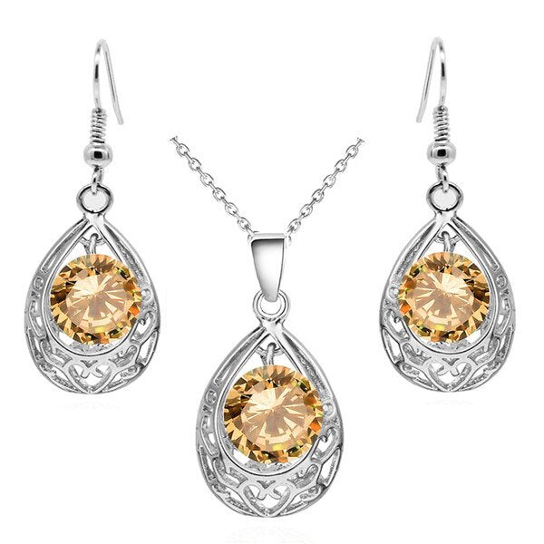 Water Drop Cubic Zirconia Necklace & Earrings Vintage Fashion Jewelry Set-Jewelry Sets-Innovato Design-Silver Champagne-Innovato Design
