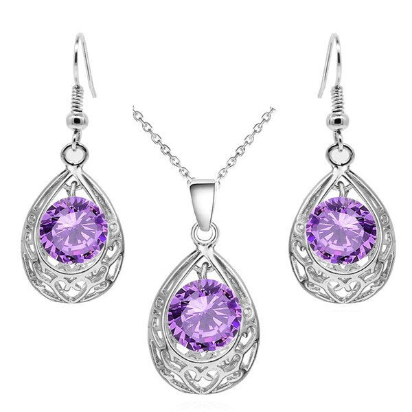 Water Drop Cubic Zirconia Necklace & Earrings Vintage Fashion Jewelry Set-Jewelry Sets-Innovato Design-Silver Purple-Innovato Design