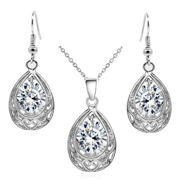 Water Drop Cubic Zirconia Necklace & Earrings Vintage Fashion Jewelry Set-Jewelry Sets-Innovato Design-Silver White-Innovato Design