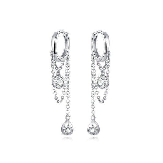 Round Geometric Chain Cubic Zirconia Water Drop Sterling Silver Fashion Dangle Earrings