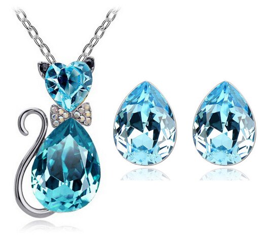 Austrian Crystal Cat Necklace & Earrings Fashion Jewelry Set-Jewelry Sets-Innovato Design-Ocean Blue-Innovato Design
