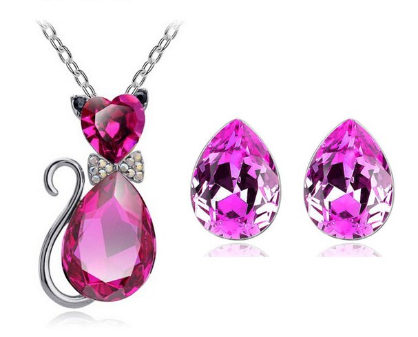 Austrian Crystal Cat Necklace & Earrings Fashion Jewelry Set-Jewelry Sets-Innovato Design-Rose Pink-Innovato Design