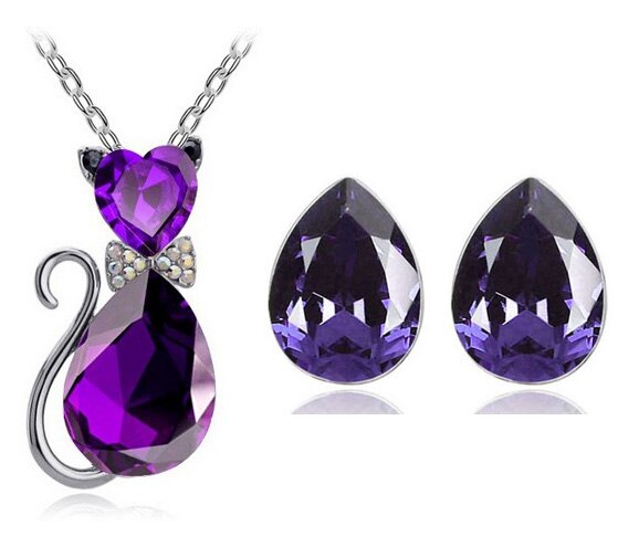 Austrian Crystal Cat Necklace & Earrings Fashion Jewelry Set-Jewelry Sets-Innovato Design-Purple-Innovato Design