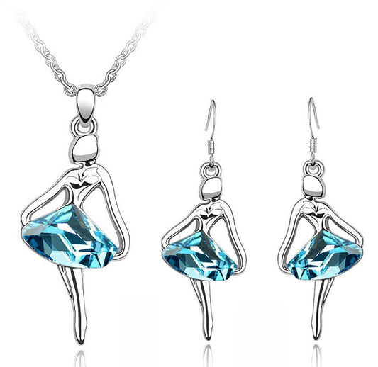 Austrian Crystal Dancing Girl Necklace & Earrings Fashion Jewelry Set-Jewelry Sets-Innovato Design-Silver Ocean Blue-Innovato Design