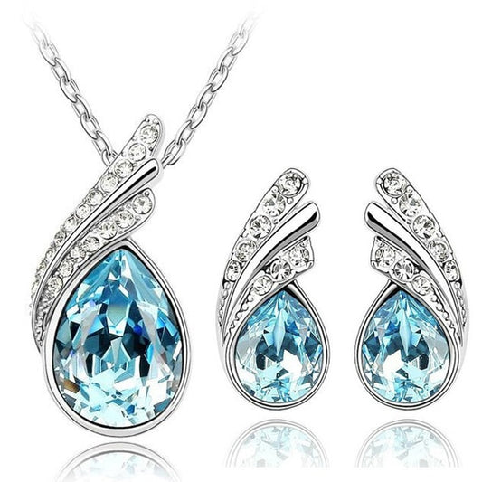 Austrian Crystal Feather Necklace & Earrings Fashion Jewelry Set-Jewelry Sets-Innovato Design-Ocean Blue-Innovato Design