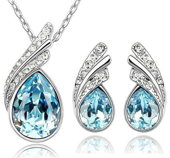 Austrian Crystal Feather Necklace & Earrings Fashion Jewelry Set-Jewelry Sets-Innovato Design-Ocean Blue-Innovato Design