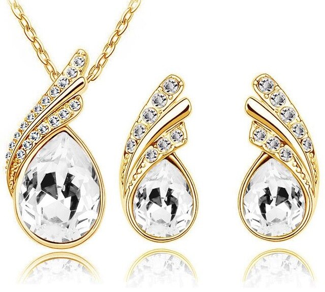 Austrian Crystal Feather Necklace & Earrings Fashion Jewelry Set-Jewelry Sets-Innovato Design-Gold White-Innovato Design