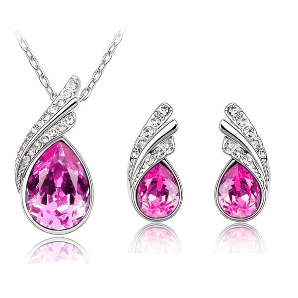 Austrian Crystal Feather Necklace & Earrings Fashion Jewelry Set-Jewelry Sets-Innovato Design-Rose Pink-Innovato Design
