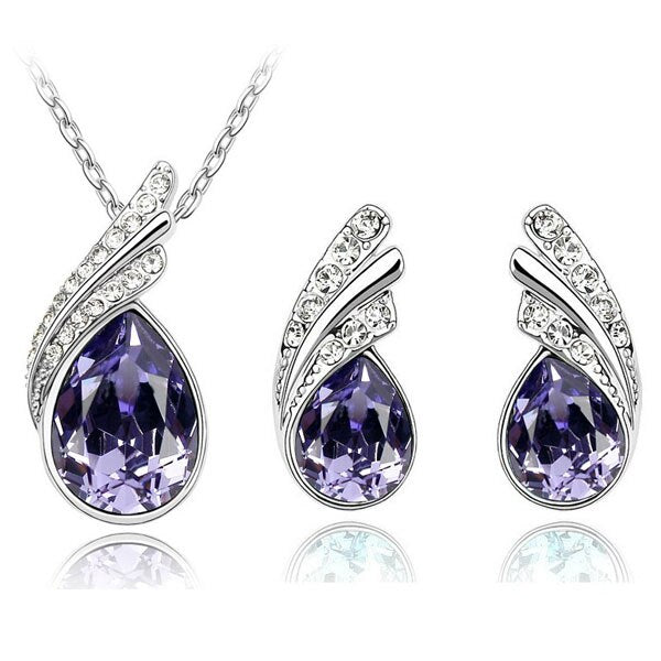 Austrian Crystal Feather Necklace & Earrings Fashion Jewelry Set-Jewelry Sets-Innovato Design-Purple-Innovato Design