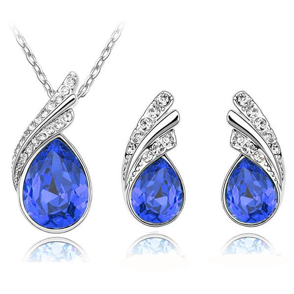 Austrian Crystal Feather Necklace & Earrings Fashion Jewelry Set-Jewelry Sets-Innovato Design-Dark Blue-Innovato Design