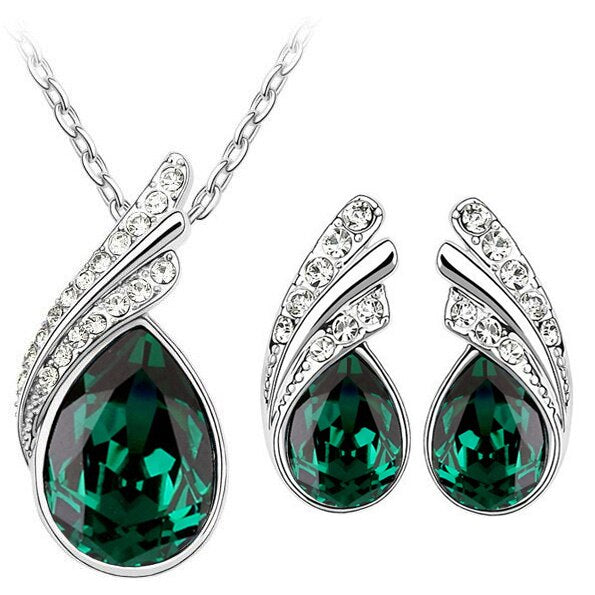 Austrian Crystal Feather Necklace & Earrings Fashion Jewelry Set-Jewelry Sets-Innovato Design-Green-Innovato Design