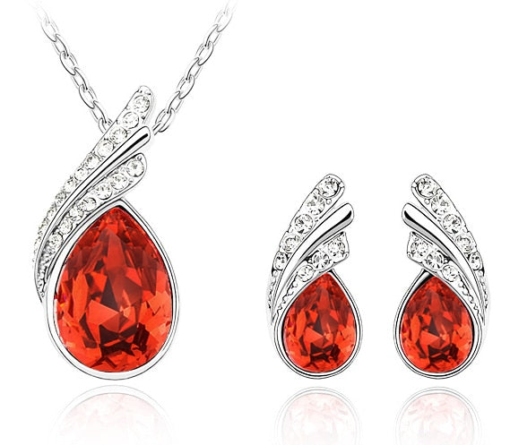 Austrian Crystal Feather Necklace & Earrings Fashion Jewelry Set-Jewelry Sets-Innovato Design-Silver Red-Innovato Design