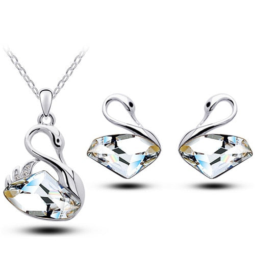 Austrian Crystal Swan Necklace & Earrings Fashion Jewelry Set-Jewelry Sets-Innovato Design-Silver White-Innovato Design