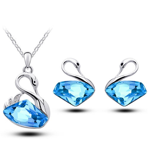 Austrian Crystal Swan Necklace & Earrings Fashion Jewelry Set-Jewelry Sets-Innovato Design-Silver Ocean Blue-Innovato Design