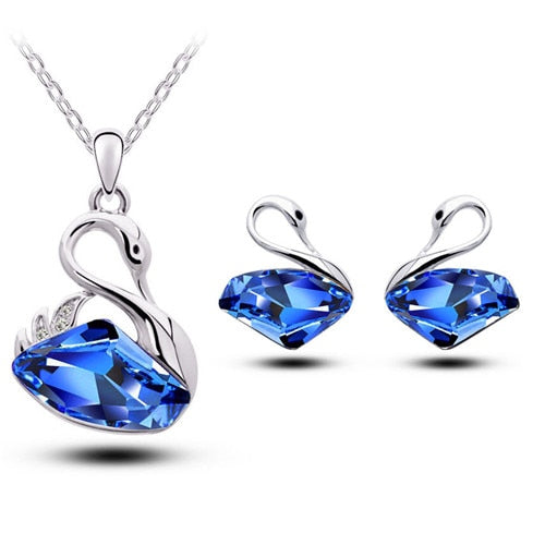 Austrian Crystal Swan Necklace & Earrings Fashion Jewelry Set-Jewelry Sets-Innovato Design-Silver Ocean Blue-Innovato Design