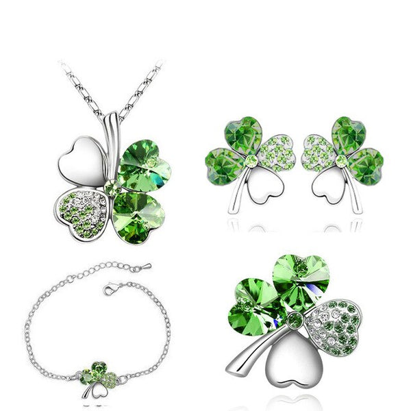 Four-Leaf Clover Crystal Heart Necklace, Bracelet, Earrings & Brooch Fashion Jewelry Set-Jewelry Sets-Innovato Design-Silver Dark Green-Innovato Design