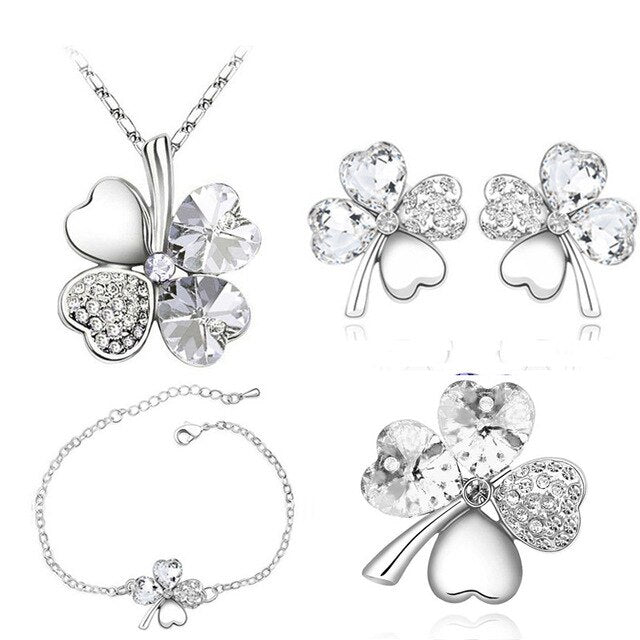 Four-Leaf Clover Crystal Heart Necklace, Bracelet, Earrings & Brooch Fashion Jewelry Set-Jewelry Sets-Innovato Design-Silver White-Innovato Design