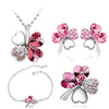 Four-Leaf Clover Crystal Heart Necklace, Bracelet, Earrings & Brooch Fashion Jewelry Set-Jewelry Sets-Innovato Design-Silver Dark Pink-Innovato Design