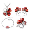 Four-Leaf Clover Crystal Heart Necklace, Bracelet, Earrings & Brooch Fashion Jewelry Set-Jewelry Sets-Innovato Design-Silver Red-Innovato Design