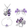 Four-Leaf Clover Crystal Heart Necklace, Bracelet, Earrings & Brooch Fashion Jewelry Set-Jewelry Sets-Innovato Design-Silver Violet-Innovato Design