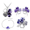 Four-Leaf Clover Crystal Heart Necklace, Bracelet, Earrings & Brooch Fashion Jewelry Set-Jewelry Sets-Innovato Design-Silver Purple-Innovato Design