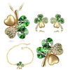 Four-Leaf Clover Crystal Heart Necklace, Bracelet, Earrings & Brooch Fashion Jewelry Set-Jewelry Sets-Innovato Design-Gold Dark Green-Innovato Design