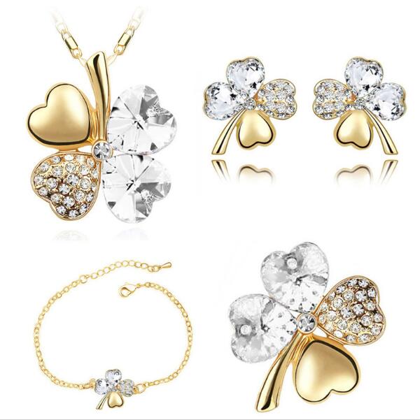 Four-Leaf Clover Crystal Heart Necklace, Bracelet, Earrings & Brooch Fashion Jewelry Set-Jewelry Sets-Innovato Design-Gold White-Innovato Design