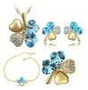 Four-Leaf Clover Crystal Heart Necklace, Bracelet, Earrings & Brooch Fashion Jewelry Set-Jewelry Sets-Innovato Design-Gold Ocean Blue-Innovato Design